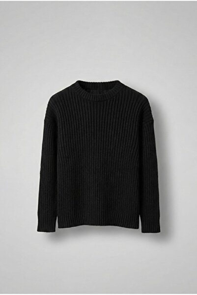 ablukaonline Men's Oversized Corded Fabric Basic Knitwear Sweater Black