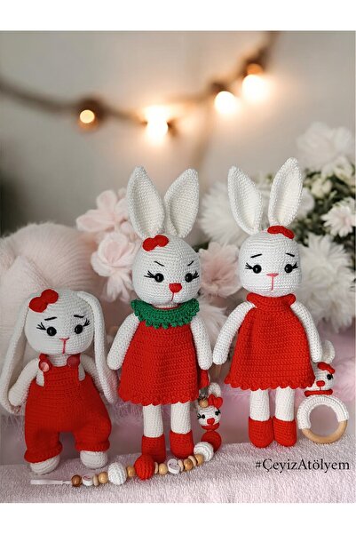 Store Amigurumi Tavşan Oyuncak-Çıngırak-Emzik Zinciri Seti