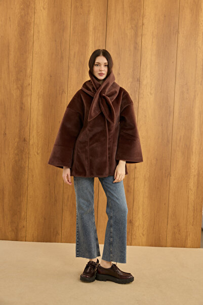 EMNORA Fularlı Oturtmalı Midi Fox Kaban Acı Kahve