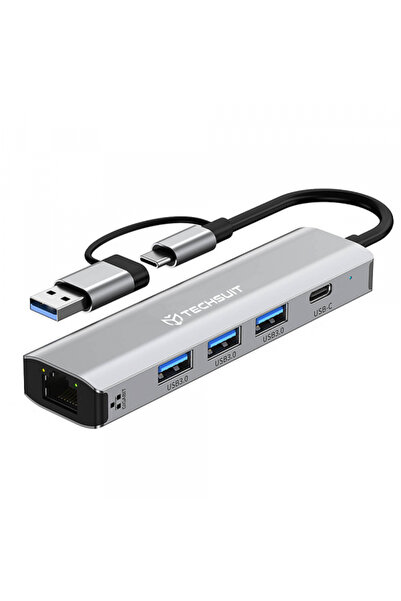 Techsuit Hub USB / USB-C H3 BoostNetLink, 5 în 1, Gri
