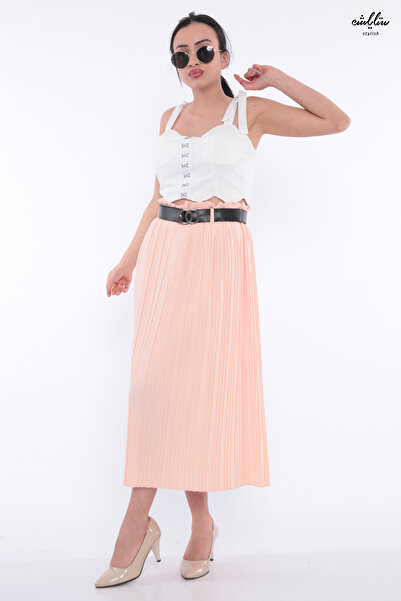 Stylish Pink high-waisted pleated skirt with a leather belt for a stylish look (elastic)