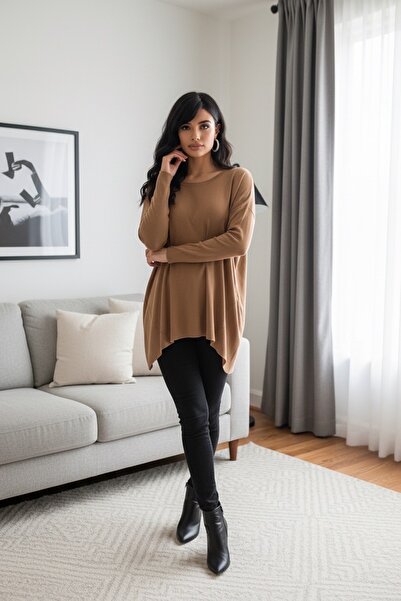 MADE İN ITALY İtalyan Model Taba Renk Triko Bluz