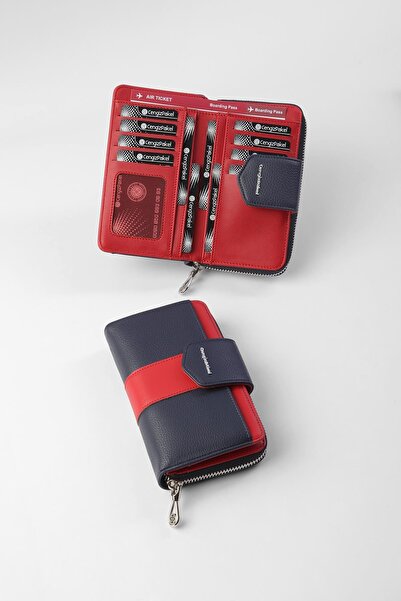 CENGİZ PAKEL Lora Medium Women's Wallet - 65317 - Navy Blue/Red