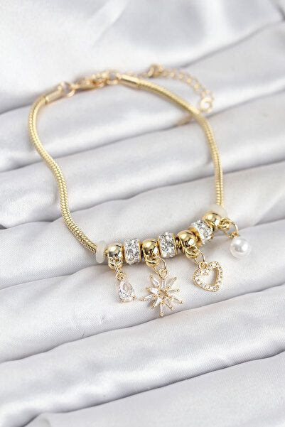 Clariss Brass Gold Color Women's Bracelet with North Star and Heart Charms -B...