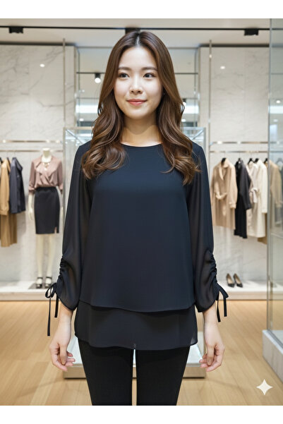 izmoda Kolu Biyeli Bağcıklı Şifon Büyük Beden Bluz