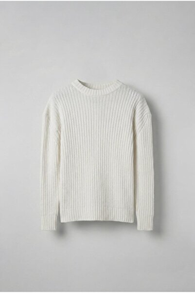 ablukaonline Men's Oversized Corded Fabric Basic Knitwear Sweater Ecru