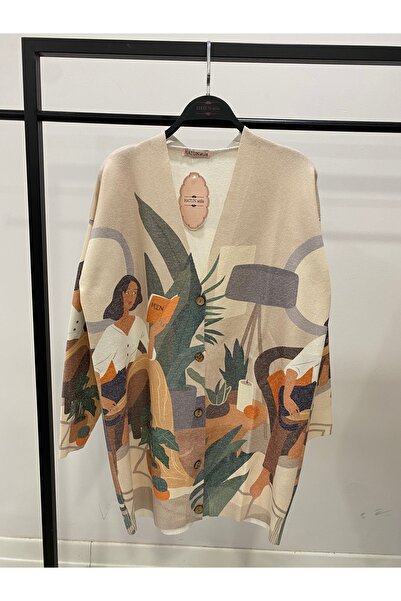 Hatun Atila Digital Printed Patterned V-Neck Buttoned Transitional Knitwear L...