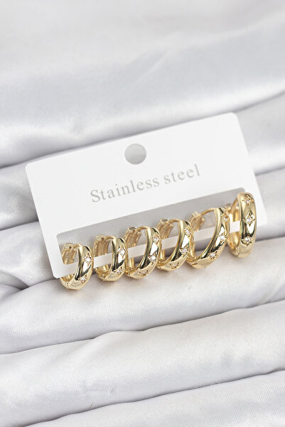 Clariss 316L Steel Gold Color Zircon Stone Polar Star Model Hoop Earring Set -Kp-0751