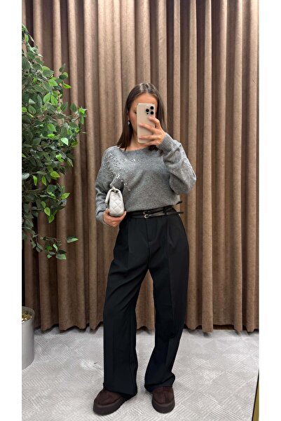 Maysa TAŞ DETAYLI TRİKO KAZAK-GRİ