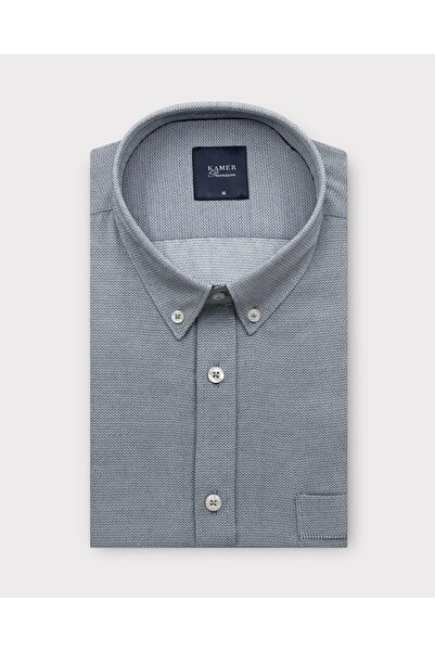 KAMER Regular Fit Long Sleeve Button-Up Collar Dobby Gray Shirt 4078g