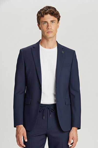 Sabri Özel Lacivert Regular Fit Yünlü Sivri Yaka Casual Takım Elbise