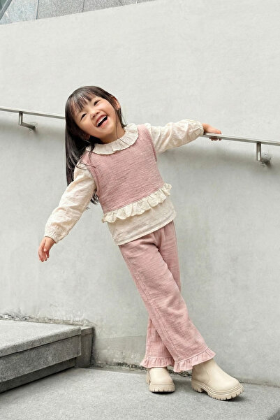 Magu Girls' Cotton Powder Lace Collar Ruffle Set - Long Sleeve Blouse and Flared Pants