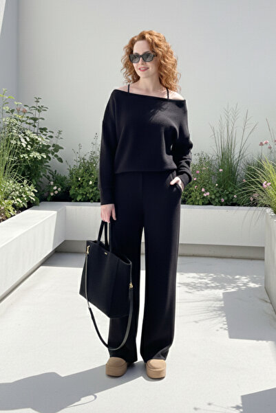 Moda Hour Off-Shoulder Detailed Wide-Leg Modal Tracksuit Set