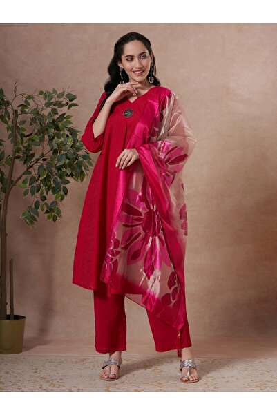 PRIYA'S PANACHE Rani Pink A-Line Kurta Set for Women with Palazzo and Organza Dupatta–Ethnic Indian Dress for Ladies