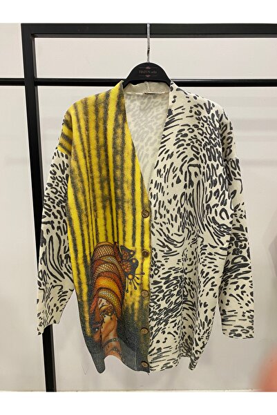 Hatun Atila Digital Printed Patterned V-Neck Buttoned Transitional Knitwear L...