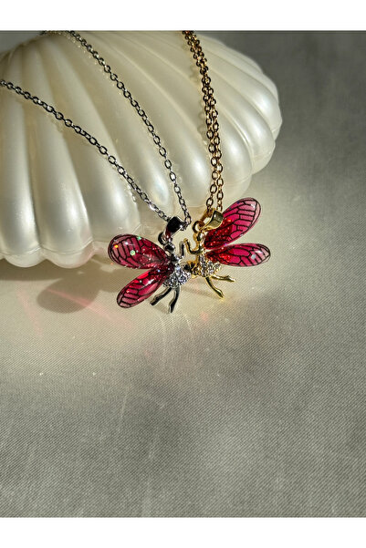 Harlofia Jewelry Çelik Kırmızı Kanatlı Peri Kızı Arkadaşlık Çift Kolye Seti
