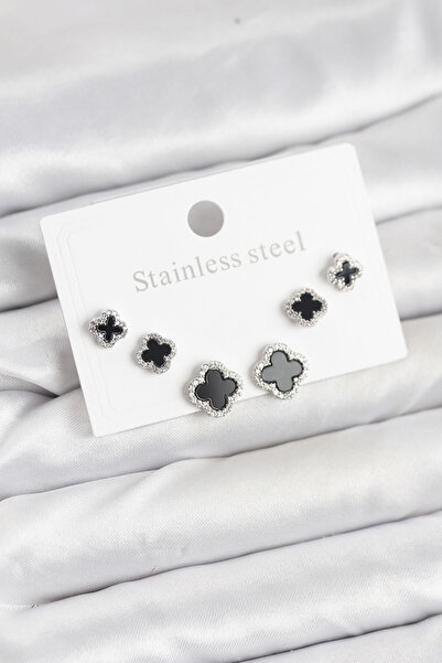 Nehir 316L Steel Silver Color Zircon Stone Clover Model Women's Earring Set V...