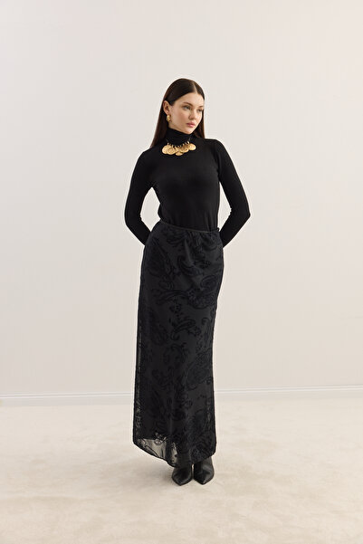 EMNORA Şal Desenli Tül Etek Siyah
