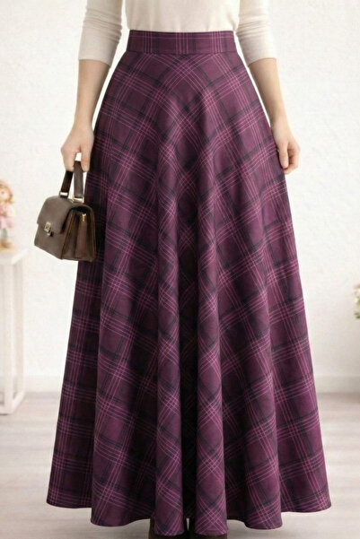 Hb Harma Time Butik Fusta de damă din țesătură în carouri cu model burgundy