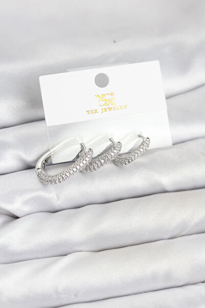 Clariss Brass Silver Color Zircon Stone Hoop Model Ysx Trio Earring Set - Kp-0734