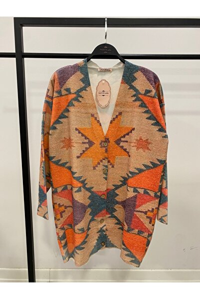 Hatun Atila Digital Printed Patterned V-Neck Buttoned Transitional Knitwear L...