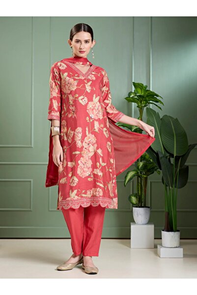 PRIYA'S PANACHE Red Foil Printed Straight Kurta Set for Women–Indian Ethnic Wear Kurti Set