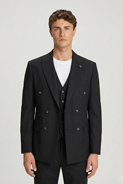 Sabri Özel Siyah Comfort Fit Sivri Yaka Kruvaze Takım Elbise