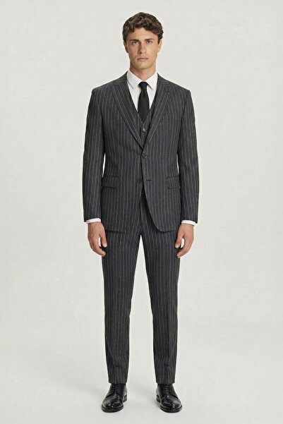 Sabri Özel Giotelli Antrasit Slim Fit Çizgili Mono Yaka Yelekli Takım Elbise