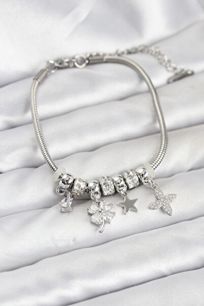 Clariss Silver Color Brass Clover Charmed Women's Bracelet -Blk-0807