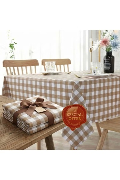 Primo Plus Set of 3 Brown & White Checkered Tablecloths – Elegant Design for ...