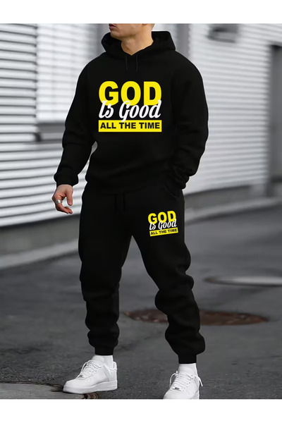 Sweet Cotton Men's Hooded winter good Printed tracksuit set - top and bottom set