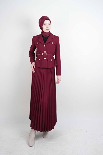 03KIZKULESITEKS Tesettür Takım Piliseli Etekli Blazer İkili Takım Bordo
