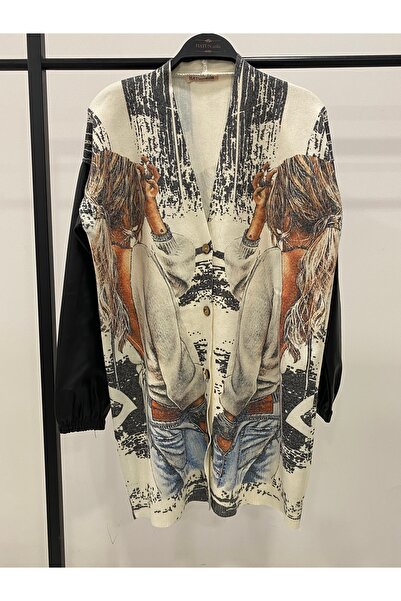 Hatun Atila Digital Printed Patterned V-Neck Buttoned Transitional Knitwear L...