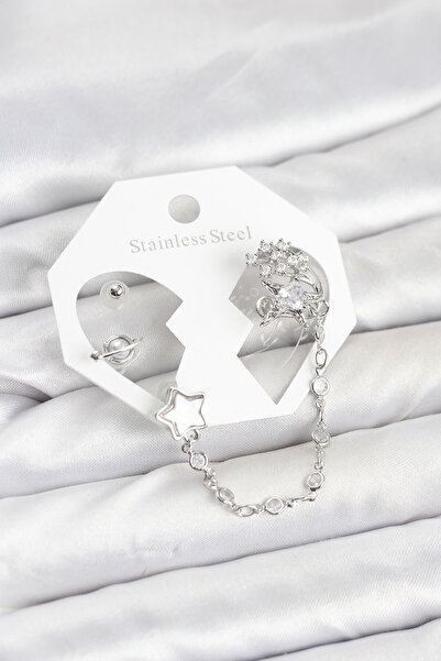 Clariss Brass Silver Color Star Model Chain Linked Ear Cuff Earring Set - Kp-0731