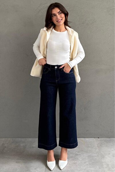 Madmext Navy Blue Straight Cut Wide Leg Women's Jeans Mg2630