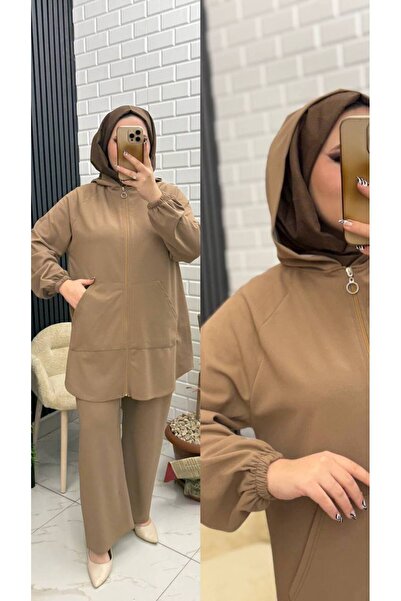 İLGEN TEKSTİL Hooded Zippered Pants with Elastic Waist Set