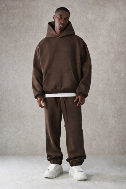 Tarz Cool Ανδρικό σετ αθλητικής φόρμας με κουκούλα Basic Relaxed καφέ με βαμβακερή επένδυση από φλις