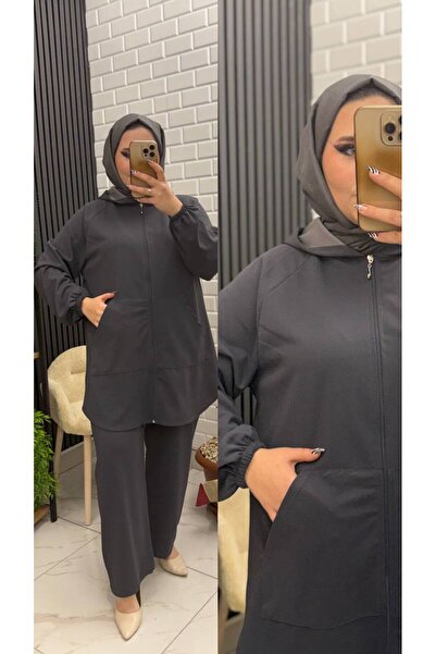 İLGEN TEKSTİL Hooded Zippered Pants with Elastic Waist Set