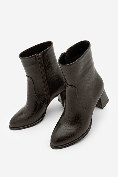 Marjin Women's Zippered Thick Heeled Boots Mirasa Brown Croco