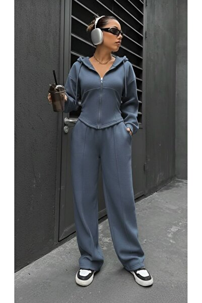 peri tower Women's Anthracite Sporty Stylish Zippered Three Thread Non-Sharded Fabric Top and Bottom Tracksuit Set 0057