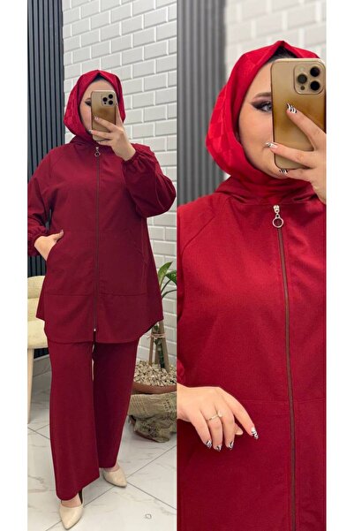 İLGEN TEKSTİL Hooded Zippered Pants with Elastic Waist Set