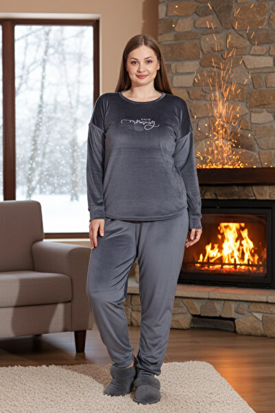 REMSA Plus Size Women's Velvet Pajama Set 25393 Anthracite