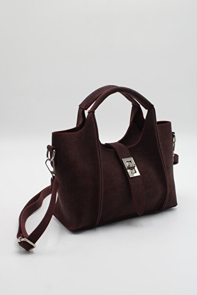 LASSO Women's Burgundy Mini Nubuck Suede Handbag and Shoulder Bag with Lock a...