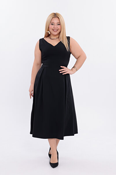 IŞILTI Special Design Stretch Fabric Crepe Fabric V-Neck Pleat Detail Sleeveless Midi Length Plus Size Evening Dress 3144
