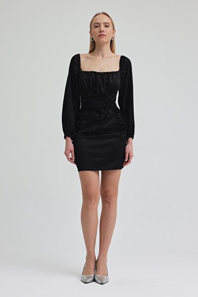 Lijuri Square Neck Stylish Dress with Gathered and Tie-Up Detail 2324 R3-B-K2