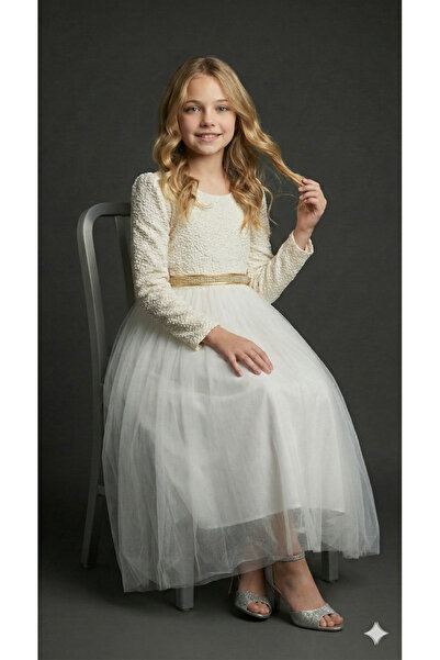 ay yılmaz Kız Çocuk Abiye Elbise Belden Bağlamalı Uzun Kollu EKRU