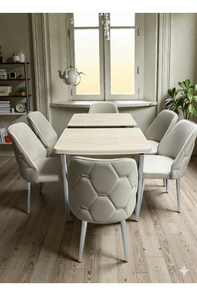 MSY HOME 6 Kişilik Asil Krom Serisi Kelebek Traverten Kelebek Yemek Masası Ta...