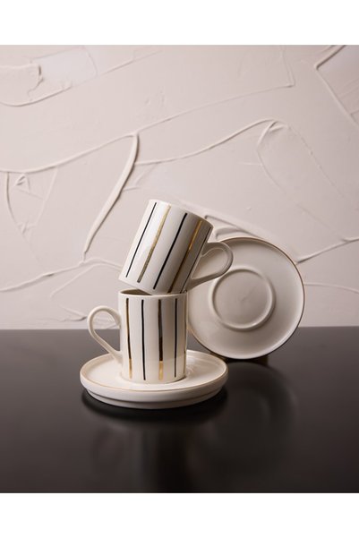 TUSE LIVING Artline Gold Real Gold Gilded Striped 4 Piece 2 Person Porcelain Coffee Cup Set 100 ml