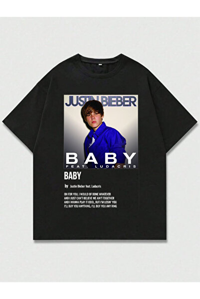 MAGORS تي شيرت أسود برقبة دائرية مطبوع للجنسين من جاستن بيبر مصنوع من القطن ب...