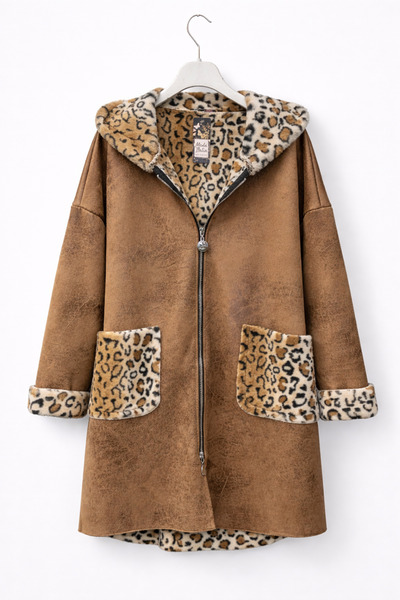 günay boutıque Leopard Lined Hooded Suede Coat – Zippered Women's Long Coat